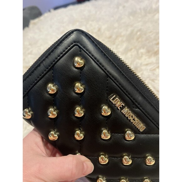 LOVE MOSCHINO Black Vegan Leather Gold Heart Studded Full Zip Wallet Red Inside - Picture 10 of 16